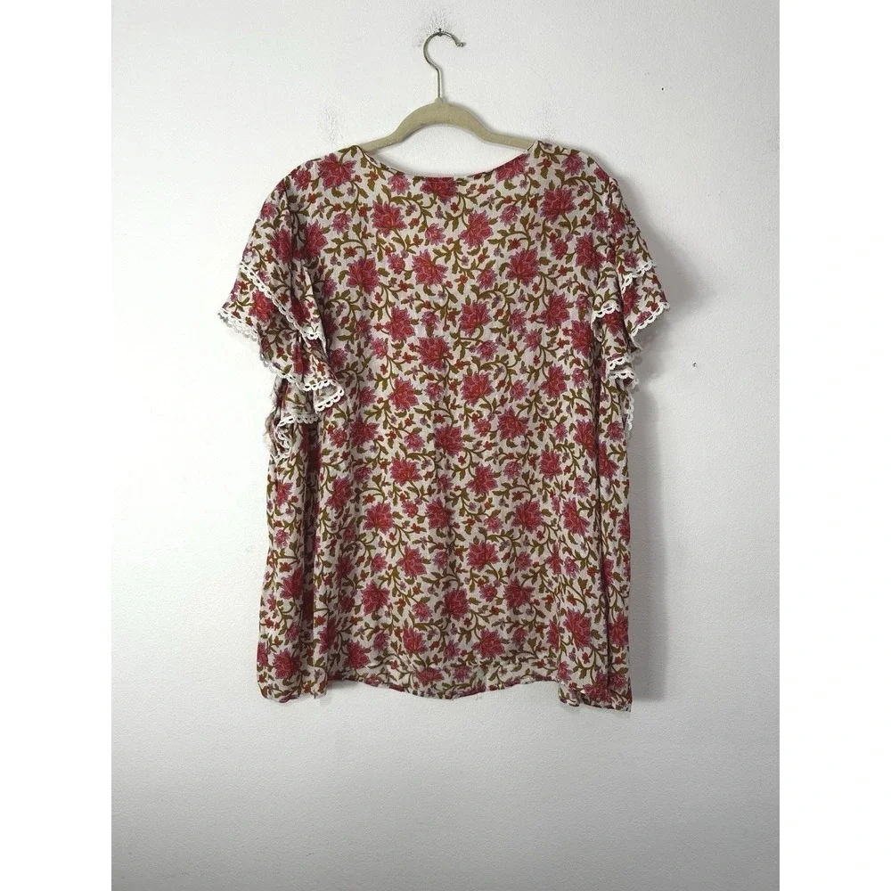 Cynthia Rowley Top‎ Womens 2X Boho Floral Flutter Layered Sleeve Crochet Trim